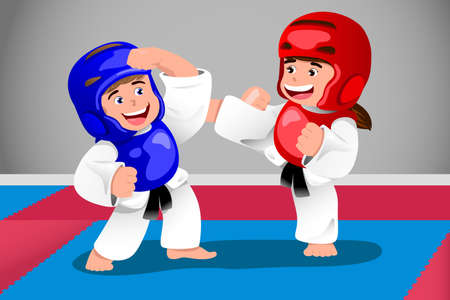 A vector illustration of kids practicing taekwondo in a dojoのイラスト素材