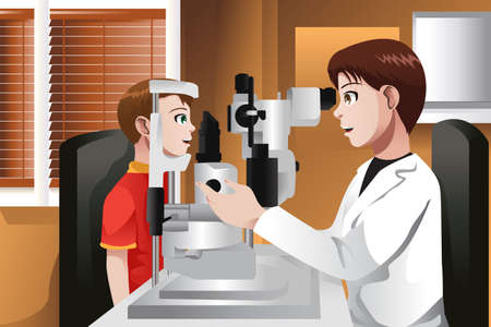 A vector illustration of boy having his eyes checked at the doctor officeのイラスト素材