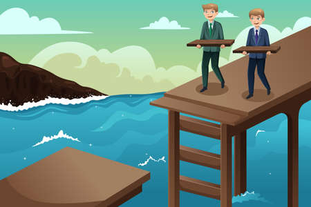 A vector illustration of business concept of two businessmen trying to build a bridge across the riverのイラスト素材