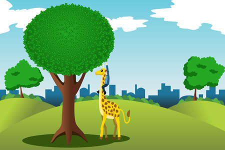 A vector illustration of man trying to reach money on a tall money tree while riding on a giraffeのイラスト素材