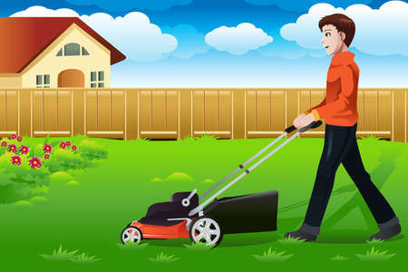 A vector illustration of a man mowing the lawnのイラスト素材