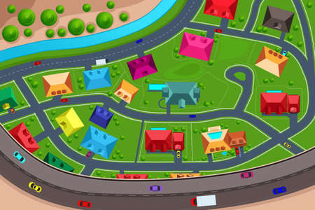 A vector illustration of houses in suburban viewed from aboveのイラスト素材