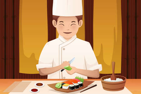 A vector illustration of sushi chef working in a restaurantのイラスト素材