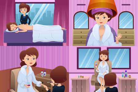 A vector illustration of beautiful woman getting pampered in a beauty salonのイラスト素材