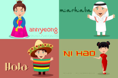 A vector illustration of multi-ethnic people from different cultures saying hello のイラスト素材