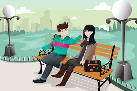illustration of romantic couple sitting in the parkのイラスト素材