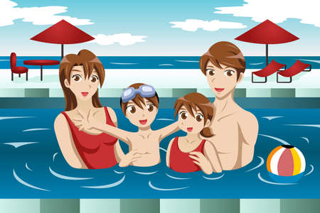 illustration of happy family having fun in a swimming poolのイラスト素材