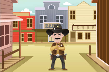 illustration of sheriff standing in front of an old western townのイラスト素材