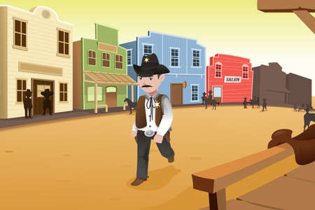 illustration of sheriff walking on an old western townのイラスト素材