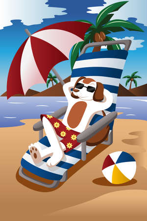 illustration of dog wearing sunglasses relaxing on the chair at the beachのイラスト素材