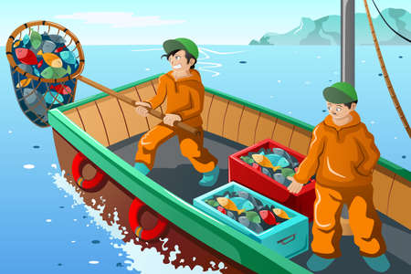 A vector illustration of commercial fisherman fishing at the seaのイラスト素材