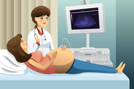 A vector illustration of pregnant woman getting an ultrasound at the doctor officeのイラスト素材