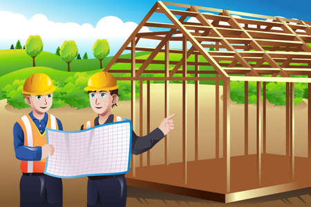 A vector illustration of construction worker discussing blueprintのイラスト素材
