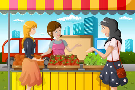 A vector illustration of people shopping in a outdoor farmers marketのイラスト素材