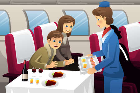 A vector illustration of flight attendant serving a passenger in an airplaneのイラスト素材