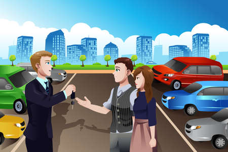 A vector illustration of car salesman giving the key of new car to the customer in the dealershipのイラスト素材