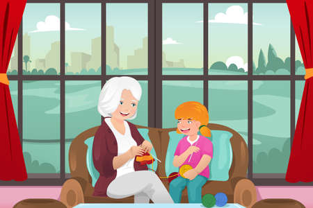 A vector illustration of grandma teaching her granddaughter knittingのイラスト素材