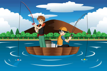 a vector illustration of happy kids going fishing on a boat のイラスト素材
