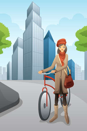 A vector illustration of stylish woman with a bike in the cityのイラスト素材