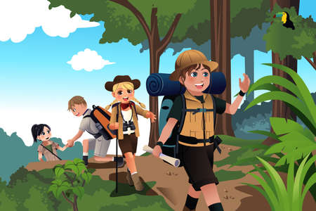 A vector illustration of happy kids on an adventure tripのイラスト素材