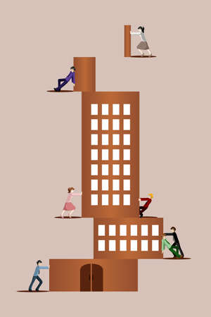 A vector illustration of different business people trying to stack together a building puzzle for teamwork  conceptのイラスト素材