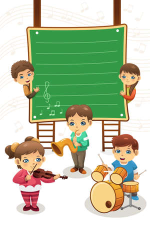 A vector illustration of poster of kids playing music, can be used for music class advertisementのイラスト素材