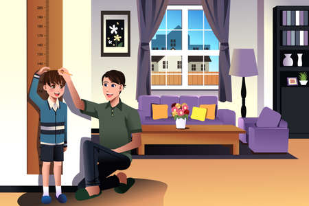A vector illustration of father measuring his son height with height scale at homeのイラスト素材