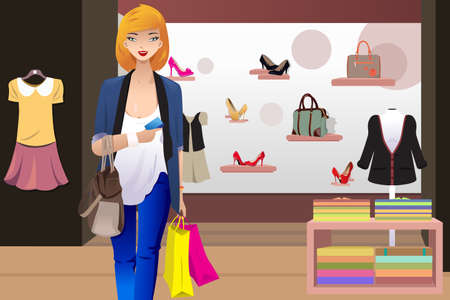A vector illustration of shopping woman inside the clothing store holding a credit cardのイラスト素材