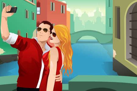 A vector illustration of tourist taking picture of themselves in the city with their cellphoneのイラスト素材