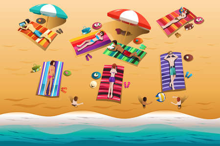 A illustration of people sunbathing on the beachのイラスト素材