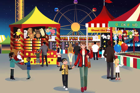 A illustration of people going to summer night outdoor fairのイラスト素材
