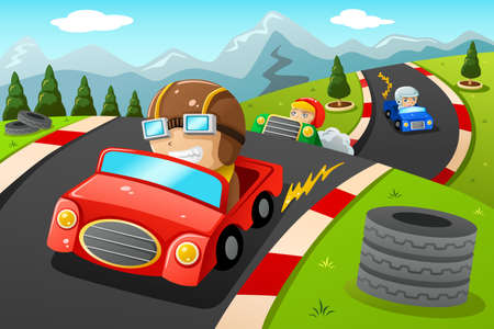 A vector illustration of happy kids in a car racingのイラスト素材