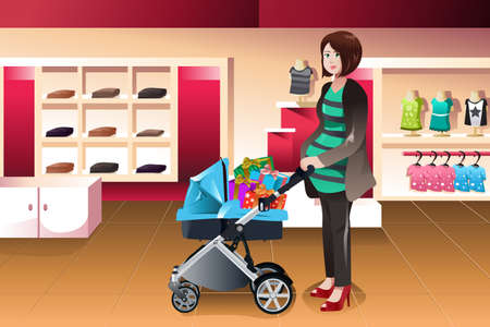 A vector illustration of pregnant woman pushing a stroller full of presentsのイラスト素材