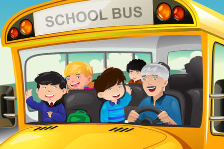 A vector illustration of happy kids having fun in a school busのイラスト素材