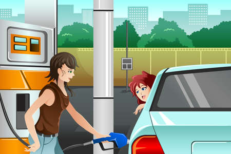 illustration of a young woman  filling up gasoline at the gas stationのイラスト素材