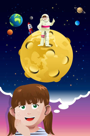 illustration of cute young girl aspiring to be an astronaut going to the moonのイラスト素材