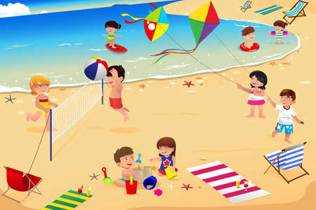 An illustration of happy kids having fun on the beachのイラスト素材