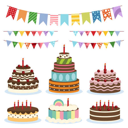 An illustration of colorful birthday banners and cakes designのイラスト素材