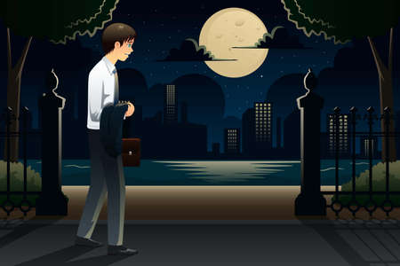 An illustration of businessman coming home late from workのイラスト素材
