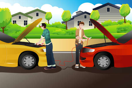 A illustration of two people trying to jump start a carのイラスト素材