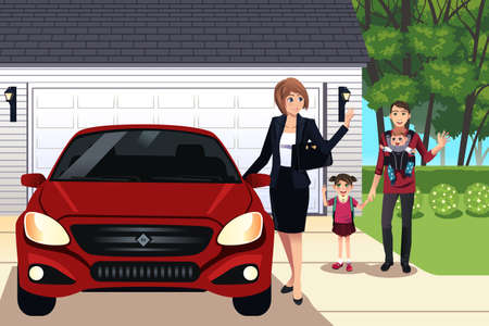 illustration of mother going to work while father taking care their children のイラスト素材