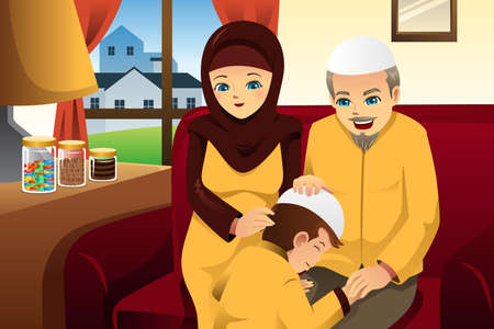 A illustration of Happy family celebrating Eid-Al-fitrのイラスト素材