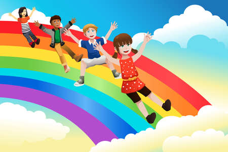 A illustration of cute children sliding down the rainbowのイラスト素材