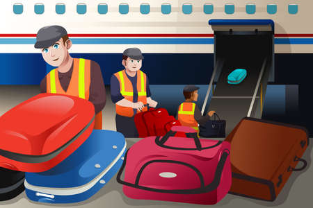 A vector illustration of workers loading luggage into an airplane in the airportのイラスト素材