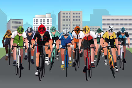 A illustration of group of people in a bicycle raceのイラスト素材