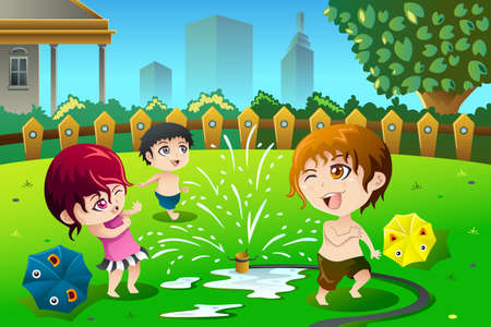 A illustration of children playing with sprinkler water in the summerのイラスト素材
