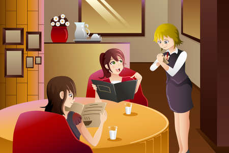 illustration of waiter in restaurant serving customersのイラスト素材