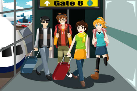A vector illustration of group of young people  traveling together in the airportのイラスト素材