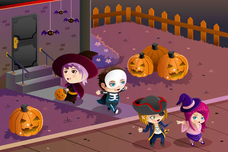 A vector illustration of Little kids wearing Halloween costumes going out for trick or treatのイラスト素材