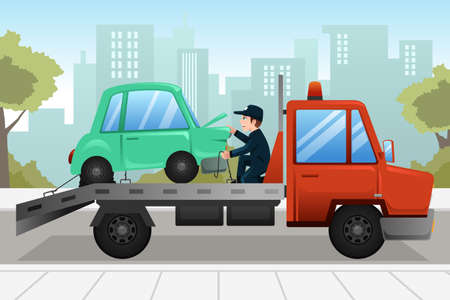 A vector illustration of tow truck towing a broken down carのイラスト素材